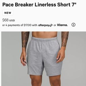 NWT pace breaker linerless short 7”